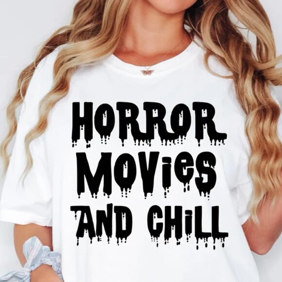 Tops - Horror Movies and chill NEW white short sleeve shirt